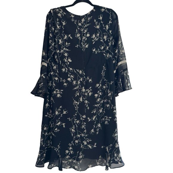 Taylor Black & Gray Floral Print V-Neck Long‎ Bell Sleeve Lined Dress 10 - Picture 2 of 6